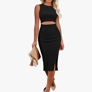 Crew Neck Cutout Side Slit MIDI Bodycon Dress